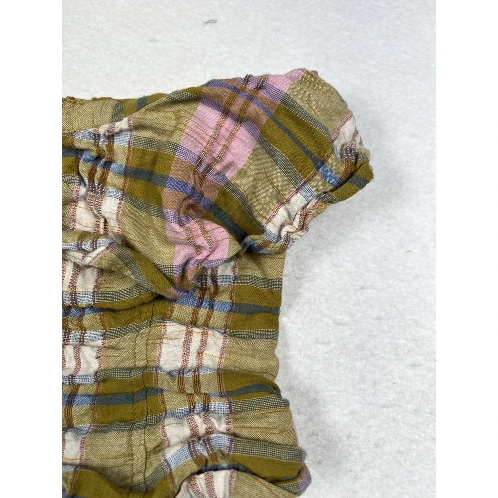 Free People Whitley Top L Women Casual Plaid Strapless Ruffle Blouse‎